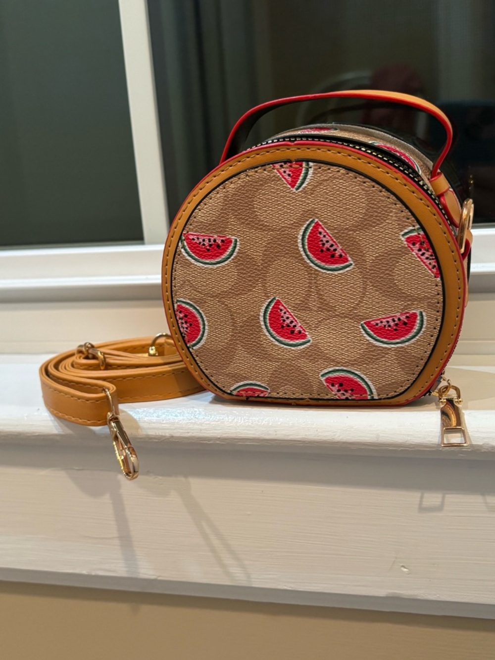 Designer inspired- Tan Watermelon Print Round Crossbody Bag